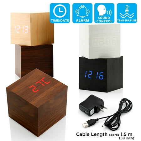 Ultra Modern Wooden LED Clock Square Cube Digital Alarm Thermometer Timer Calendar Updated 2016 Brighter Stylish Wood