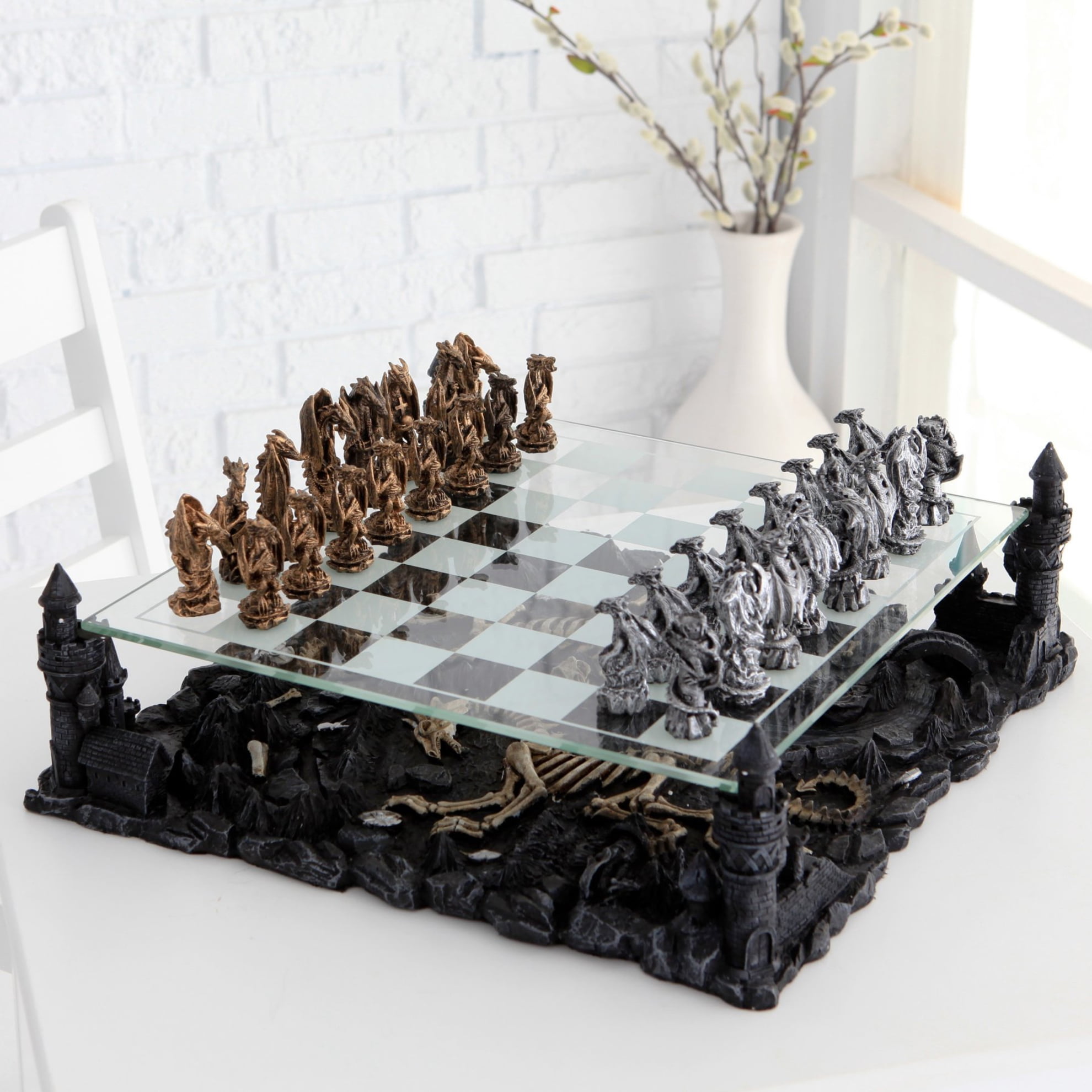 15" Medieval Knight Chess Set Castle Platform Pewter Metal 3 1/4" King New 