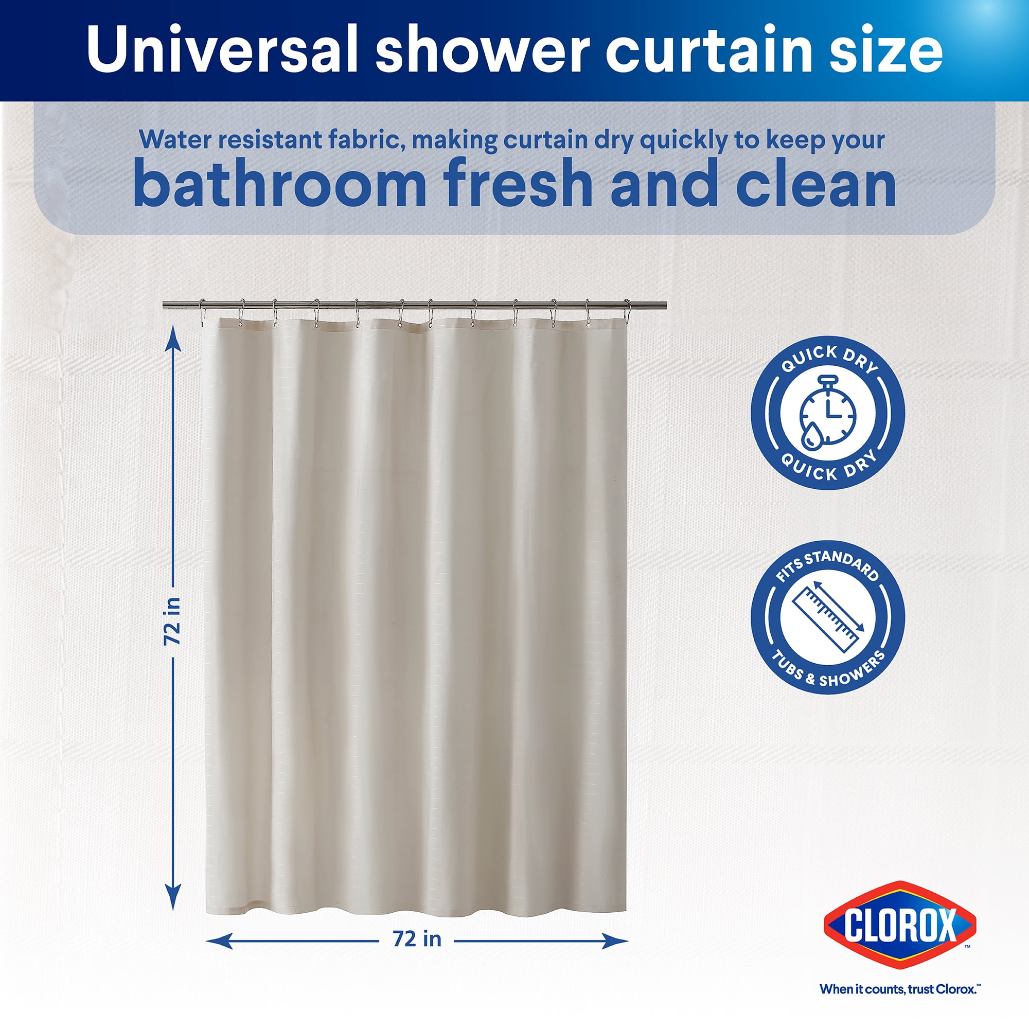 Clorox Solid Waterproof Fabric Shower Curtain, Standard Size, Tan, 72" x 72"