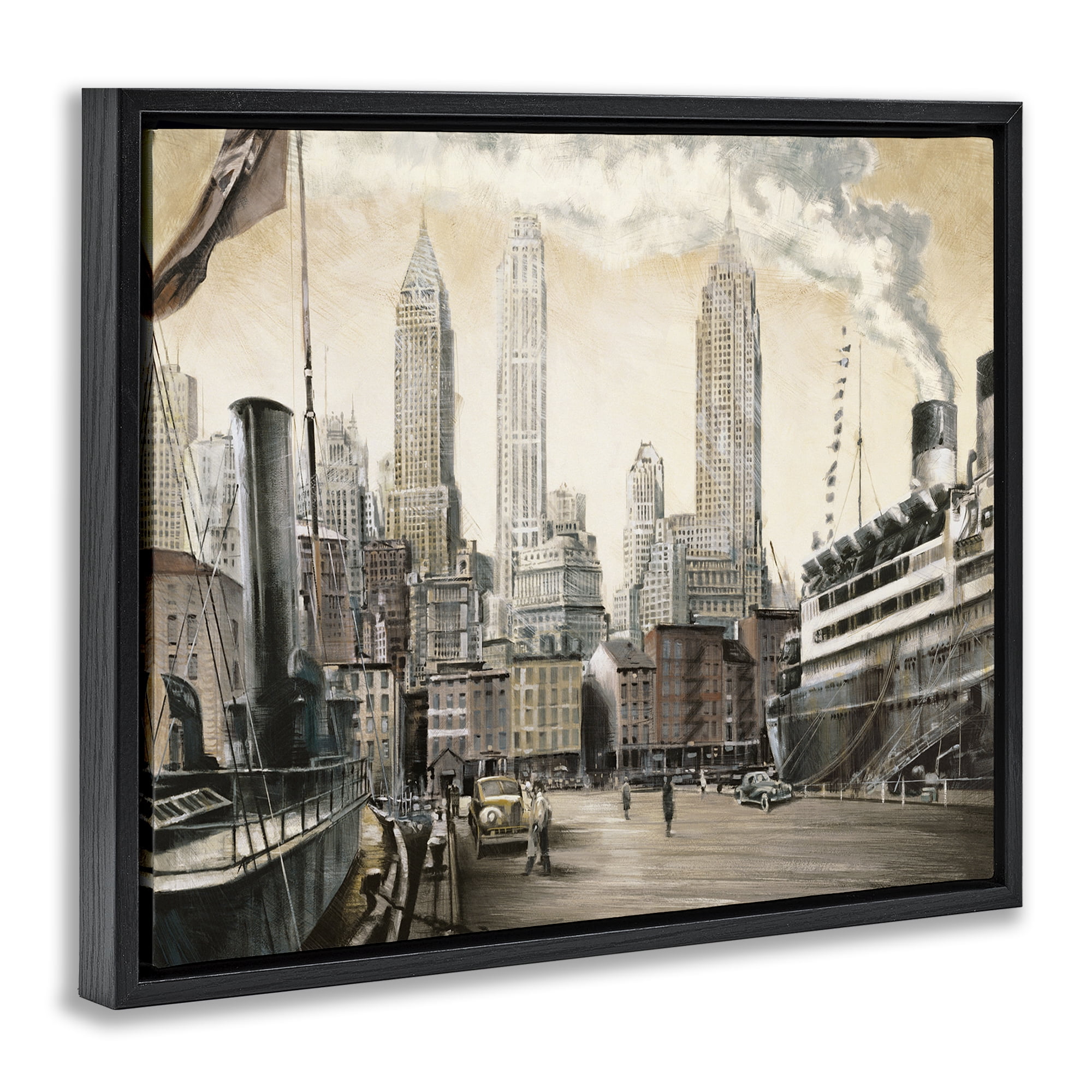 Stupell Industries Urban Boat Harbour Scenery Painting Black Floater Framed Art Print Wall Art, 31 x 25