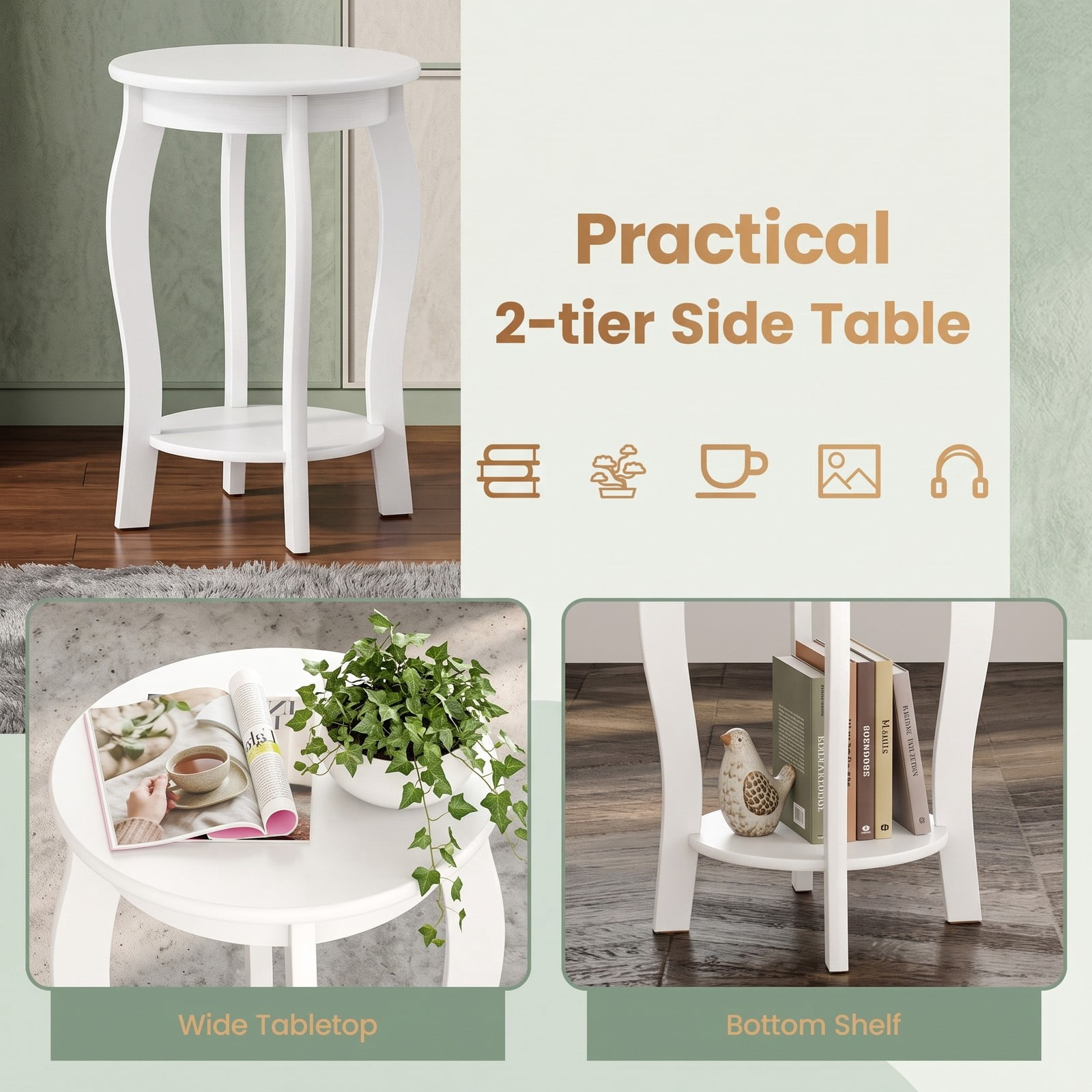 Furnibear Set of 2 Round End Tables, 15 Inch 2-Tier Side Table with Storage Shelf, Rustic Nightstand Sofa Table with Rubber Wood Legs for Living Room, Walnut & White