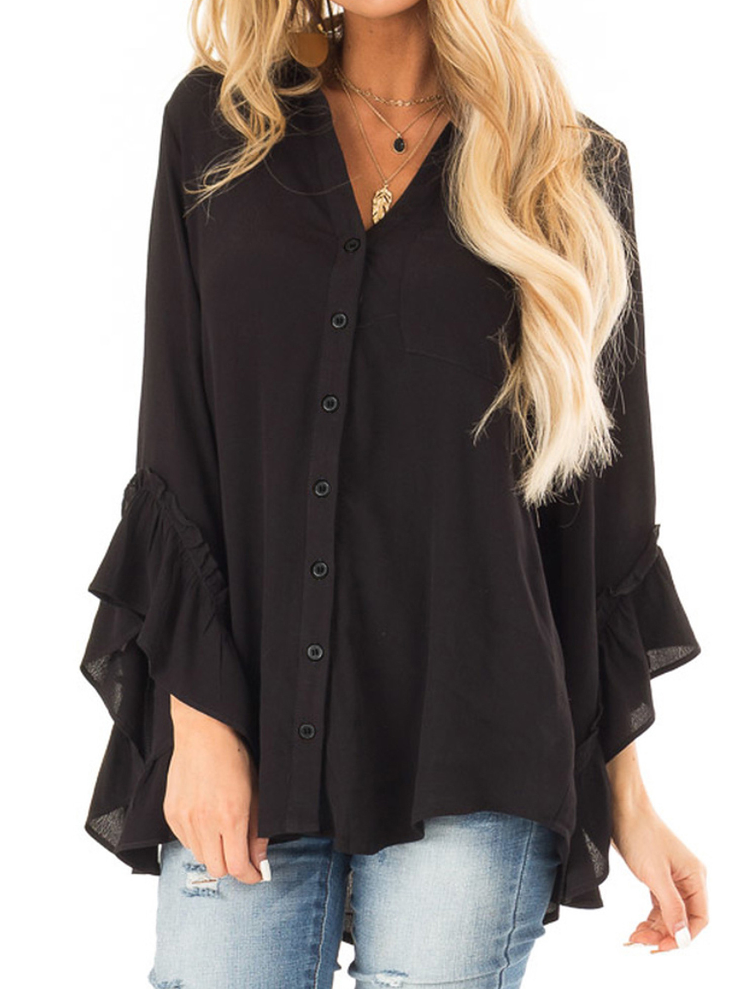 Sexy Dance Women 3/4 Bell Sleeve Ruffle 
