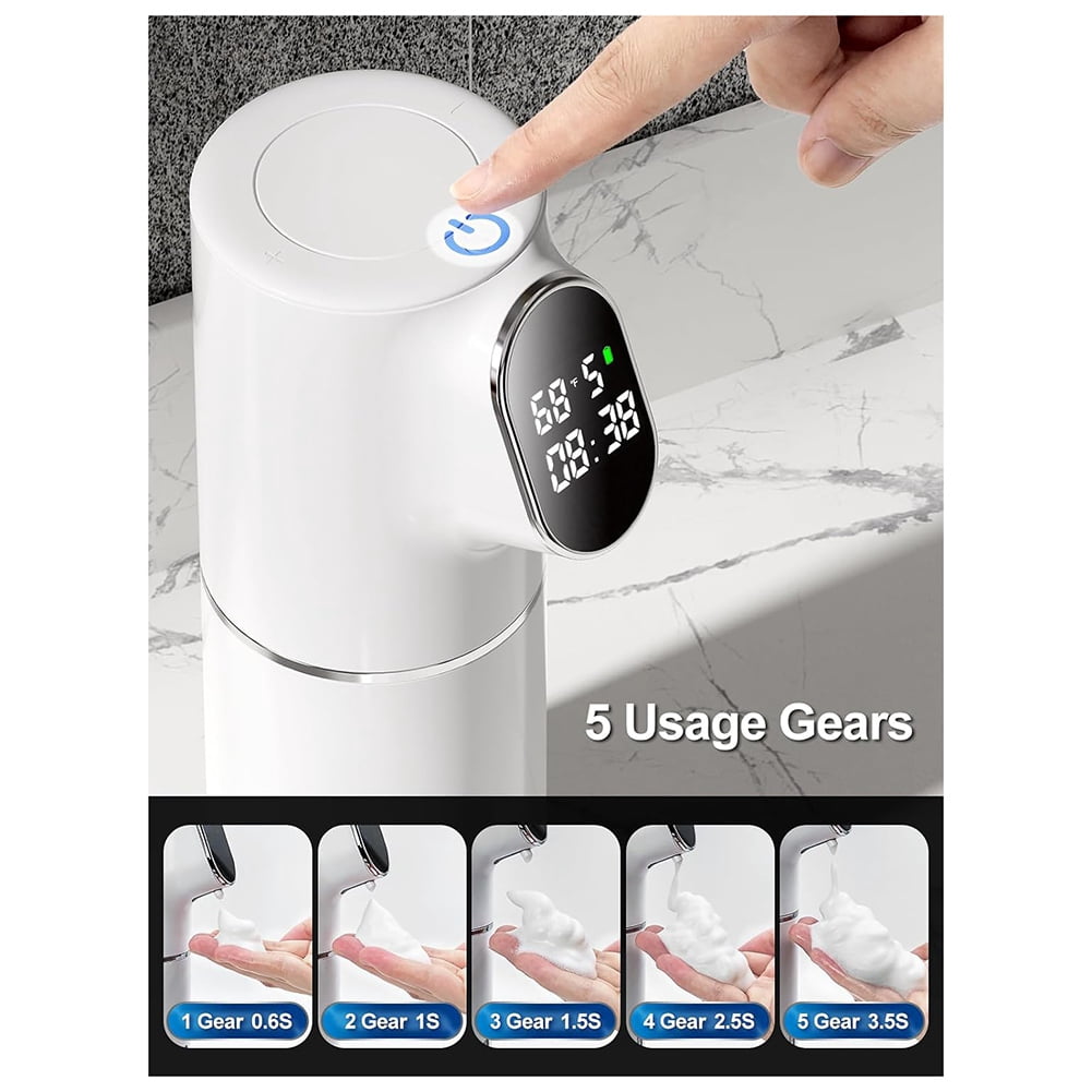 Automatic Soap Dispenser 5-Level Adjustment IPX6 Water- Foam Soap Dispenser LED Time and Temperature Display ABS White