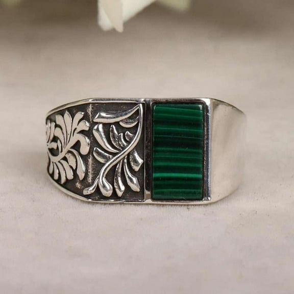 Natural Malachite Men's 925 Sterling Silver Promise Gift For Her Ring