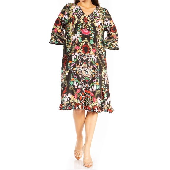 Sakkas Ozana Women's Midi Cocktail V Neck Dress 3/4 Sleeve Casual Floral Print - 565-Black - S/M