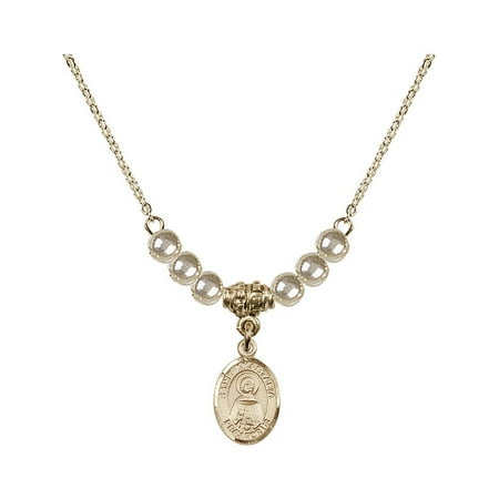 - 18-Inch Hamilton Gold Plated Necklace with 4mm Faux-Pearl Beads and Saint Anastasia Charm