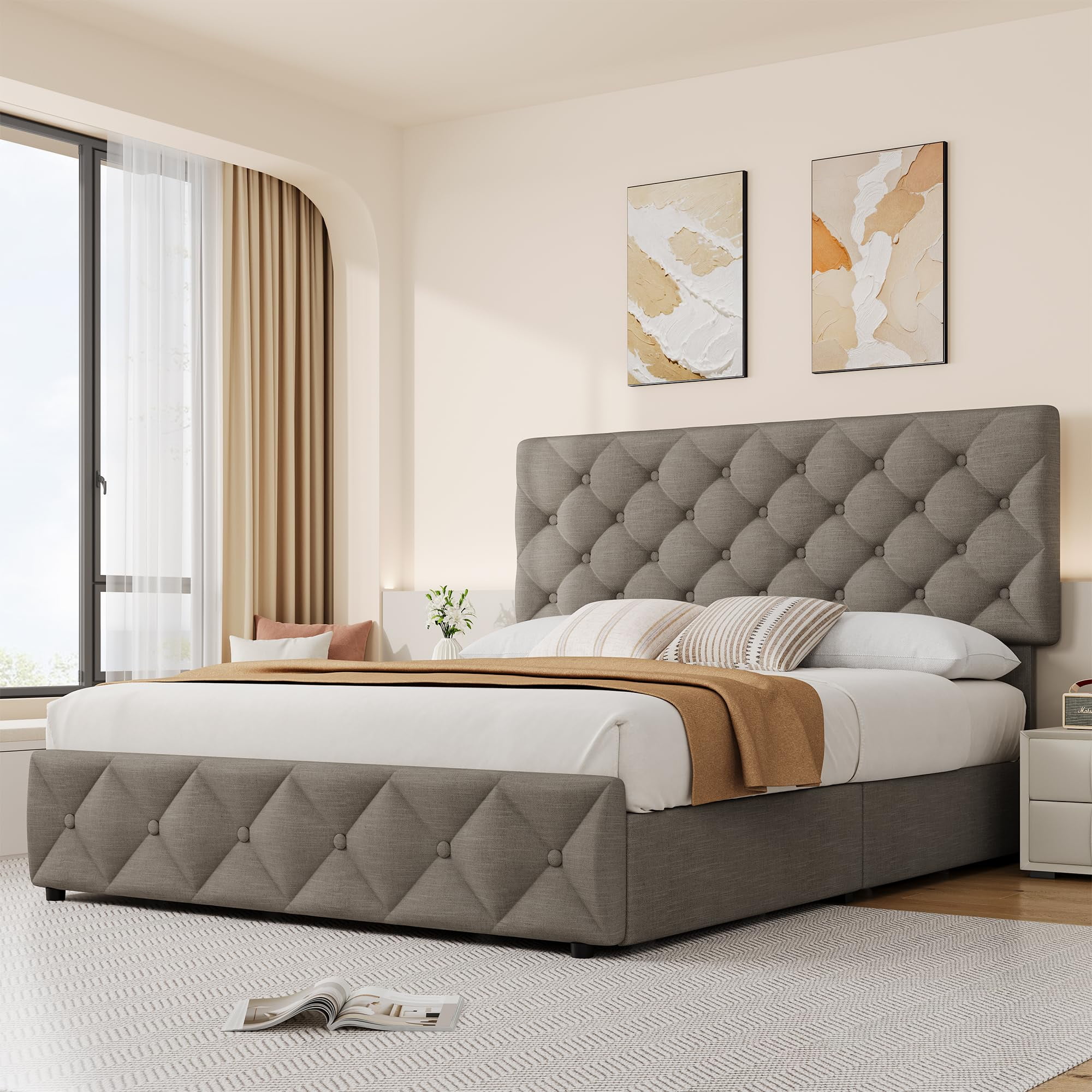 Full/Queen/King Size Bed Frame with 4 Storage Drawers and Headboard, Linen Upholstered Platform Bed Frame, Diamond Stitched Button Tufted, No Box Spring Needed, Easy Assembly