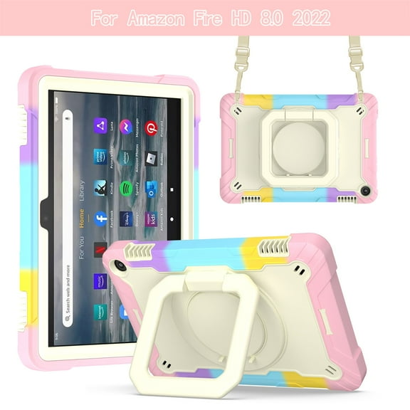 SaniMore for Amazon Fire HD 8 & 8 Plus (12th/10th Generation, 2022/2020) Kids Case, Multi-Functional Case with Handle Shoulder Strap & Kickstand Shockproof Protective Case, Colorful Pink