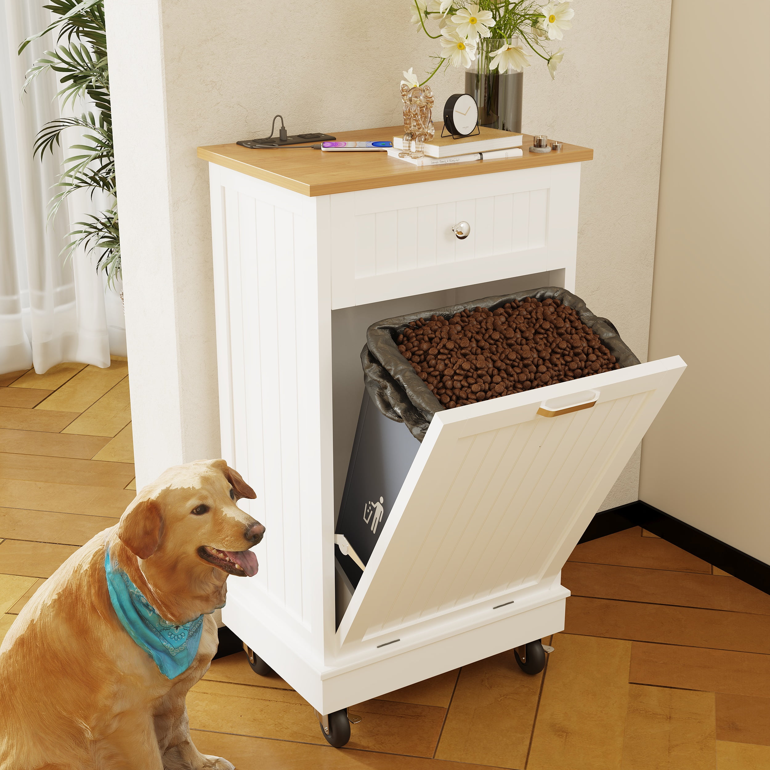 JassmiPkwy Trash Cabinet Tilt-Out,10 Gallon Farmhouse Laundry Hamper Cabinet w/1 Drawers,Hidden Wooden Trash Can Cabinets with Storage Basket for Kitchen-White