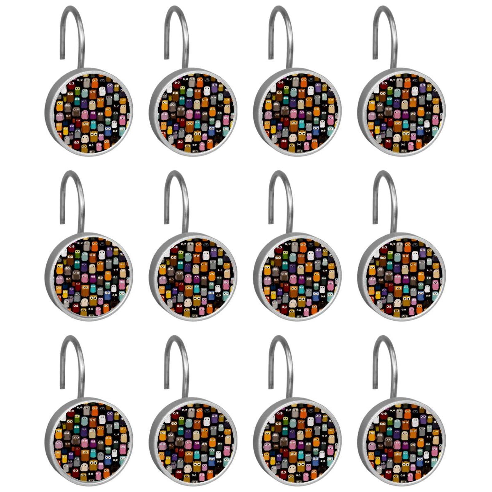 12pcs Decorative Shower Curtain Hooks, Rust Resistant Shower Rings for Bathroom Living Room,Rustproof Stainless Steel Rings for Shower Curtain and Liner Rods,Colorful Owls Pattern