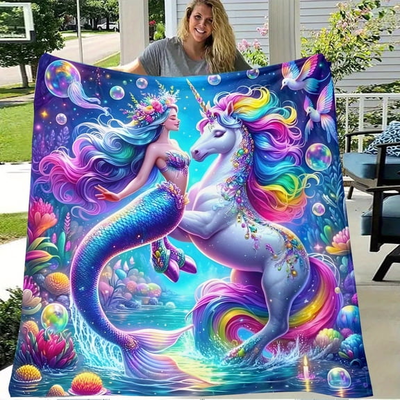 1pc Magical Mermaid & Unicorn Fantasy Blanket - Flannel Blanket with Mermaid & Unicorn Print, All-Season Soft Warm Bed Cover for Room, Sofa, Travel