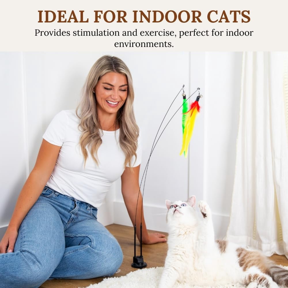 Cat Wand Toy for Indoor Cats - 43 Inch Retractable Fishing Pole Teaser - 9 Feather Attachments - Weighted Round Base - Suction Cup Mount - Bored Adult Feline Hunting Exercise - Kitten Juguetes Set