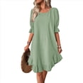 thumbnail image 2 of Vestido Corto Holgado con Mangas Abullonadas, Bajo con Volantes, Cuello Redondo y Fruncido, Color Verde Calabaza, Talla XL, 2 of 10