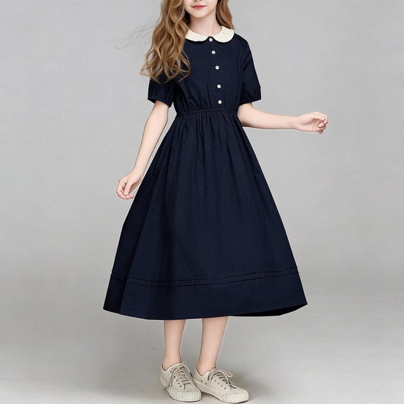 FRSASU Girls Dress Summer Short Sleeve Button Front Midi Dresses Vintage School Style Casual Party Outfit for Kids Navy