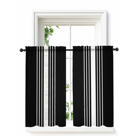 Black White Stripe Tier Curtains 45 Inch Length,Sheer Curtains for Bedroom Living Room Window Modern Rustic Vertical Striped Rod Pocket Drapes Kitchen Curtains Small Half Window 27.5"x45" 2 Panels