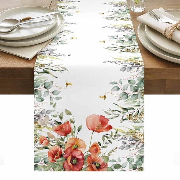 Red Poppy Table Runner - 36 Inch Long, Kitchen Dining Table Runner Dresser Scarves, Spring Farmhouse Country Flower Leaf Plant Farmhouse Decor for Coffee Tables Wedding Party Banquet
