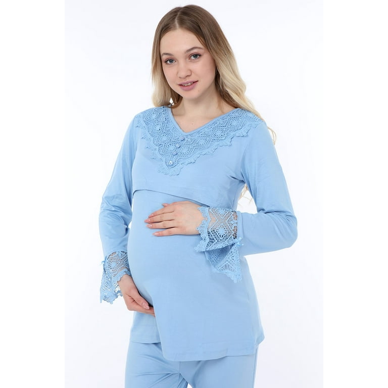 LVMA9510 - Women's Maternity Nursing Pajamas Hospital Set Soft Long-Sleeved  Button Tops PJ Pants Sleepwear Set 