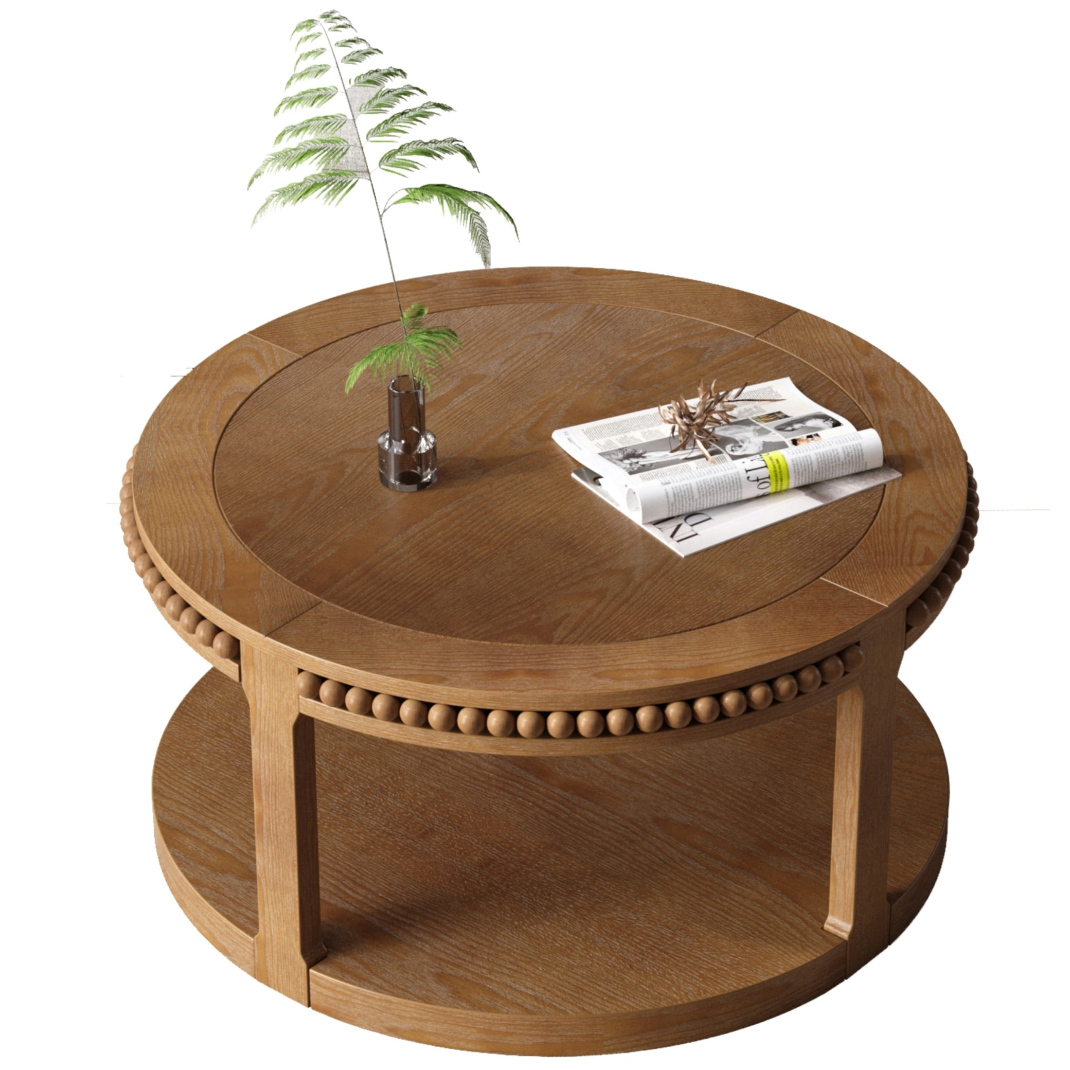 Noble House Solid Wood Round Coffee Table for Living Room,2-Tier Rustic Wood Desktop with Storage Shelf Modern Design Home Furniture, Walnut Brown