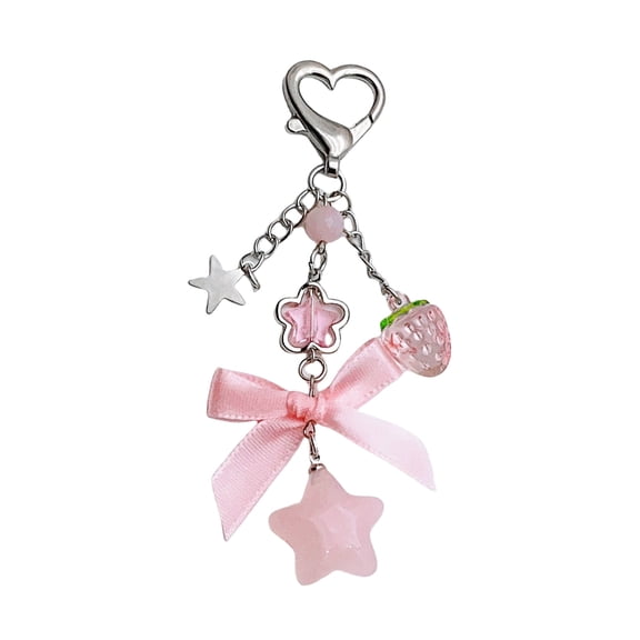 Strawberry Charm Keychain Fashion Bowknot Purse Accessory Fashionable Bag Charm with Star Bead for Women and Teens