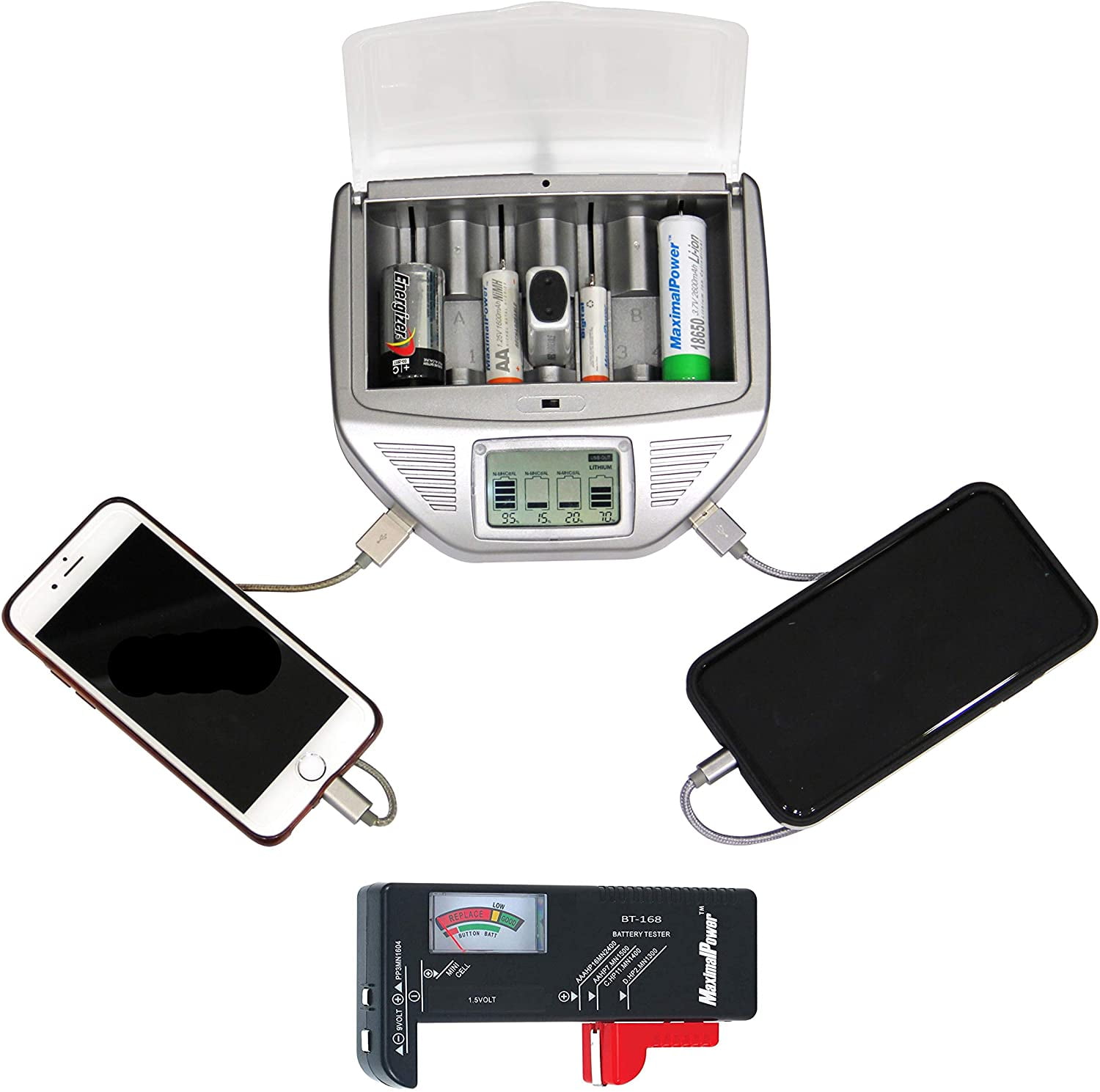 MaximalPower Fast Battery Charger with AC Adapter, Car Charger for AA