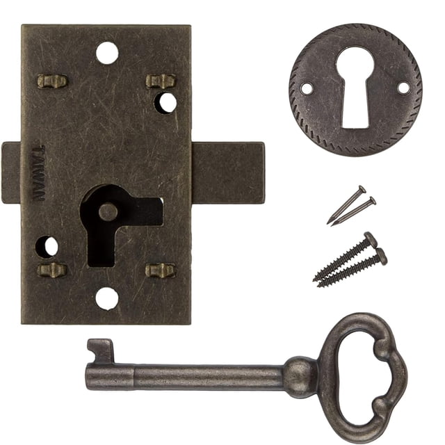 Pequeña cerradura de puerta de gabinete de montaje empotrado de latón antiguo con llave - 1"" de ancho x 1 3/4"" de alto - Cerradura y llave vintage para puertas y cajones de muebles | Ua-030-Laborato