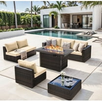 TANGJEAMER Outdoor Garden 8 Piece Patio Furniture with 43" 55000BTU Gas Propane Fire Pit Table Rattan Wicker Sectional Set