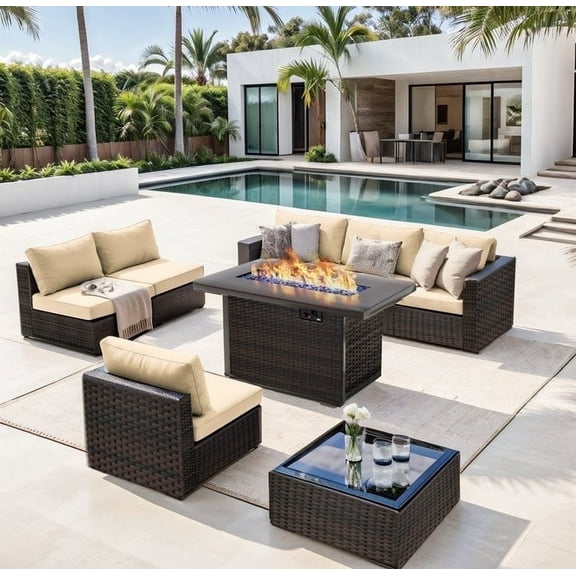 TANGJEAMER Outdoor Garden 8 Piece Patio Furniture with 43" 55000BTU Gas Propane Fire Pit Table Rattan Wicker Sectional Set