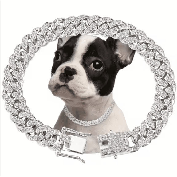 Luxury Alloy Pet Chain Collar — Sparkling Rhinestone-Style Metal Choker for Dogs & Cats (Silver- Size 3XL)