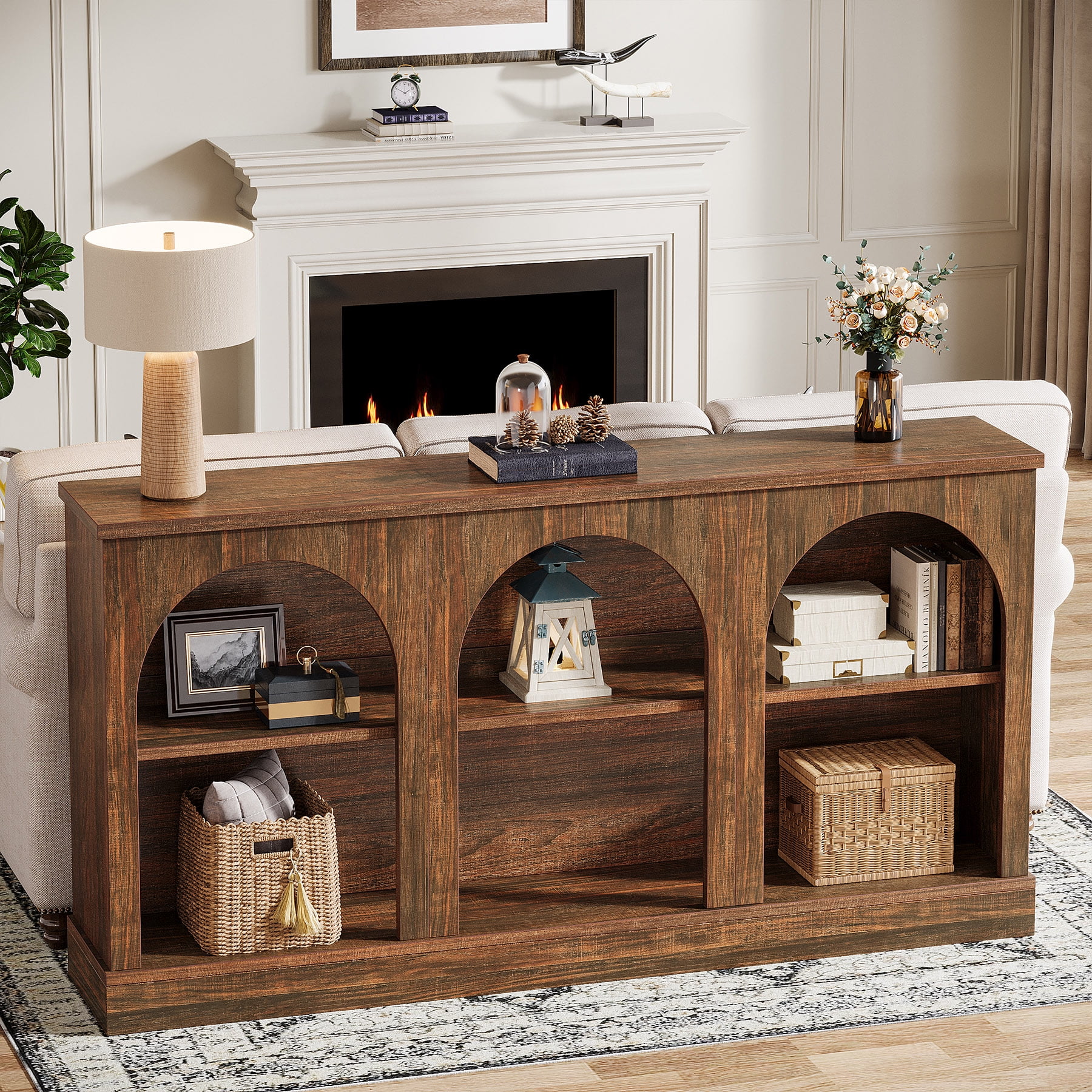 Tribesigns Farmhouse Console Table, 63-Inch 3 Tier Entryway Table with Storage, Wooden Rectangular Sofa Table Behind The Couch for Hallway, Dark Brown
