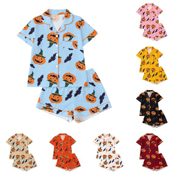 JAJAHO Kids Halloween Pajamas Set Boys Girls Short Sleeve Pumpkin Pajama Button Down 2 Piece Pjs 3-14Y