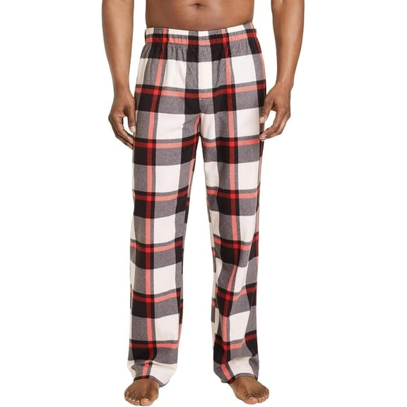 Men's Plaid Microfleece Pajama Pants, White, Red and Black Checkered Pattern, Size XL, Soft Fleece Loungewear