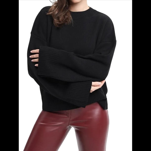 Suéteres de Cuello Redondo para Mujer, Conjuntos de Otoño, Tops de Punto Acanalado de Larga A Negro L