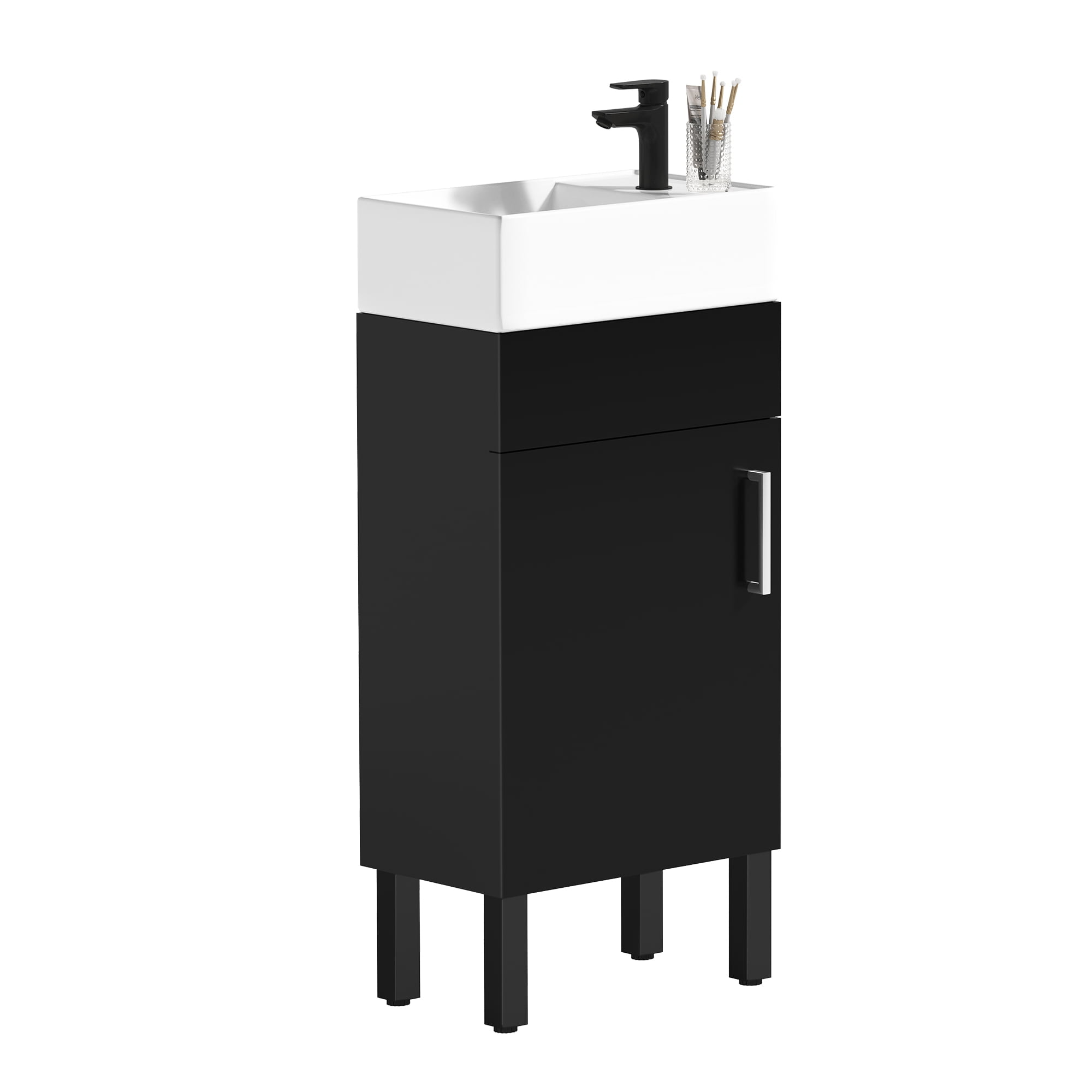 Dextrus 16 Inch Small Bathroom Vanity with Undermount Sink , Free Standing Bathroom Storage Cabinet with Drain & Door for Small Space , Black