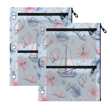 2 Pack 3-Ring Binder Pencil Pouch with Clear PVC Windows Tropical Shell Sailboat Art Large Capacity Stationery Bag for Classroom Office Supplies