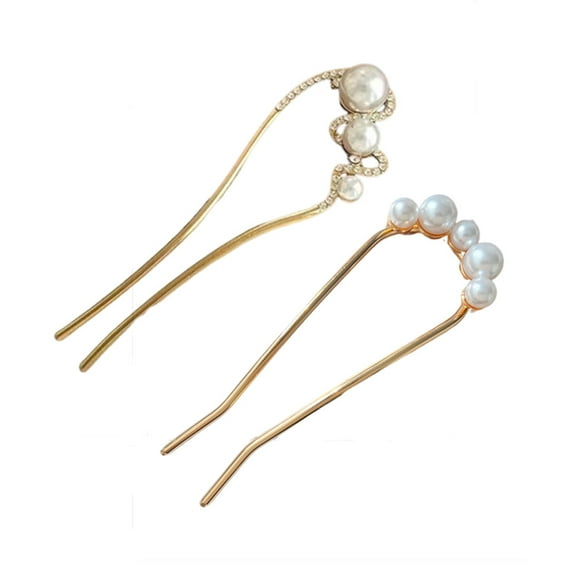 Gold Glitter Bead Hair Forks - 2 Pack U Shaped Hair Pins for Updos & Chignons - Semicircular Hair Styling Tool for Secure Hold