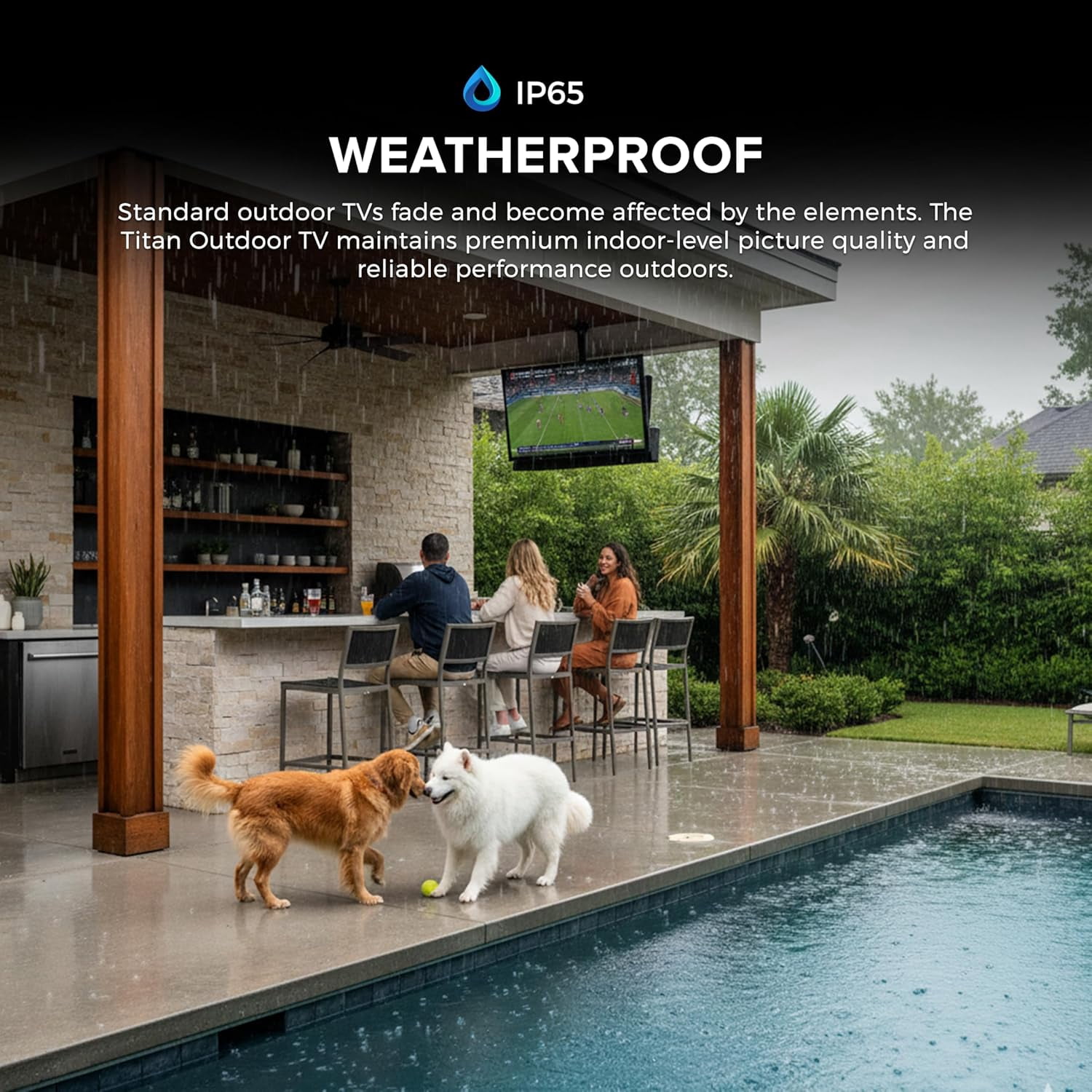 Titan L200 QNED 55 Inch Outdoor TV, Partial Sun, IP65 Smart Weatherproof TV, 4K HDR, 120 Hz, Web AI OS, 1500 Nits, Wi-Fi 6E, Dolby Digital, Outdoor TV Cover, Slim Bezel, 2 Yr Wty