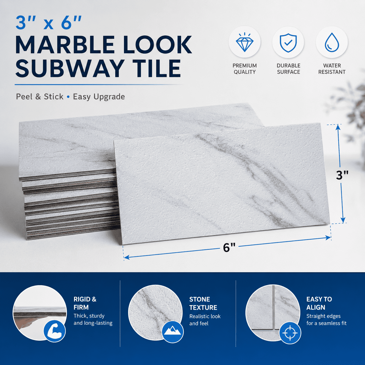 Yeslife 102-Pack Peel and Stick Backsplash Tile, 3" x 6" White Granite PVC Waterproof Subway Wall Tiles for Kitchen & Bathroom, 12.75 Sq Ft