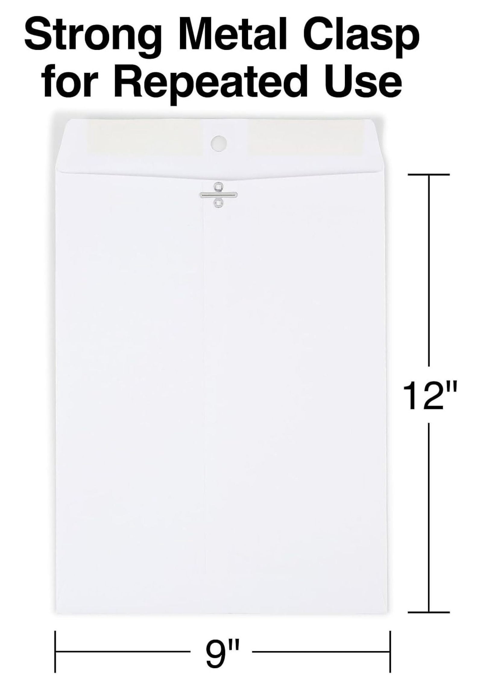 9x12 White Clasp Envelopes - Metal Clasp & Gummed Seal - Durable Mailing Envelopes for Documents - Catalog Envelopes - 100 Count