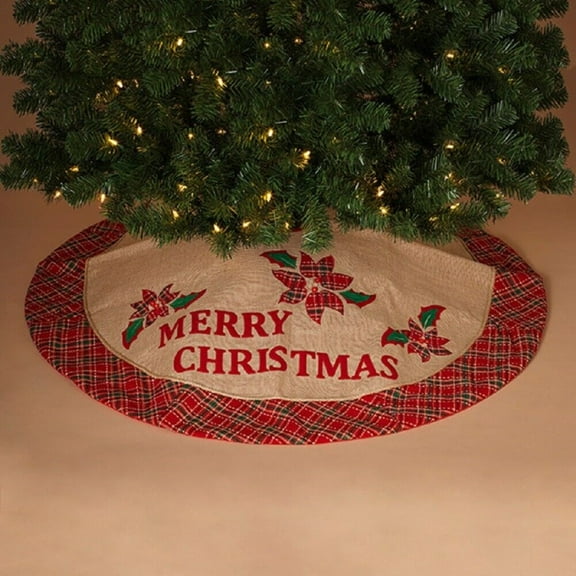 Merry Christmas Burlap with Plaid Border Tree Skirt 48 Inch Diameter New