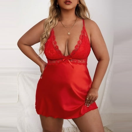 

DENGDENG Women s Plus Size See Through Lingerie Babydoll Sexy Lace Bow V Neck Sleepwear
