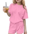 thumbnail image 1 of Ensemble T-Shirt et Short pour Filles, Haut à Col Rond Uni à Manches Courtes et Short, Tenue de Sport Décontractée Deux Pièces pour Enfants, 1 of 6