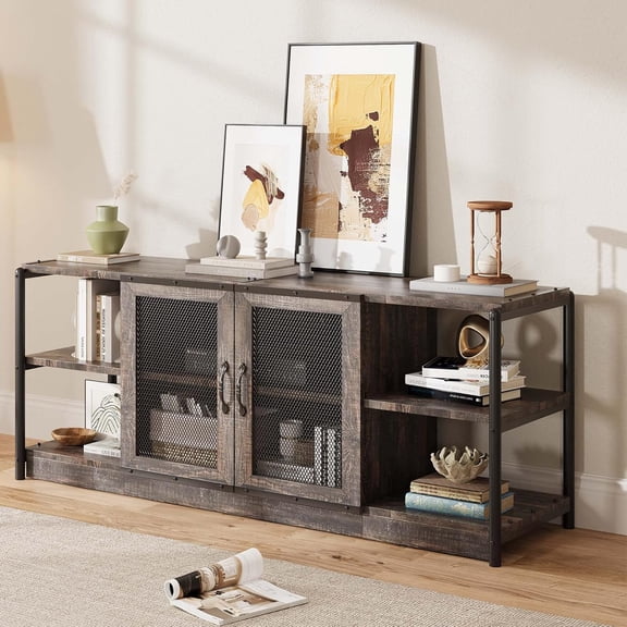 Farmhouse TV Stand for 65/75 inch TVs, Entertainment Center with Storage Cabinet, Industrial Media Console, Rustic Oak