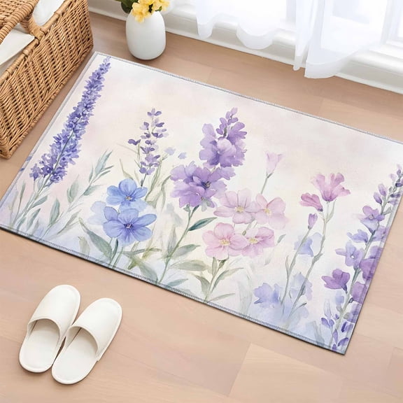 2x3 Ft Entryway Area Rug, Lavender Spring Kitchen Rug Runner Washable Floor Mat, Farmhouse Pastoral Pastel Flowers Non Slip Indoor Door Mat Throw Carpet for Bathroom Living Room Bedroom