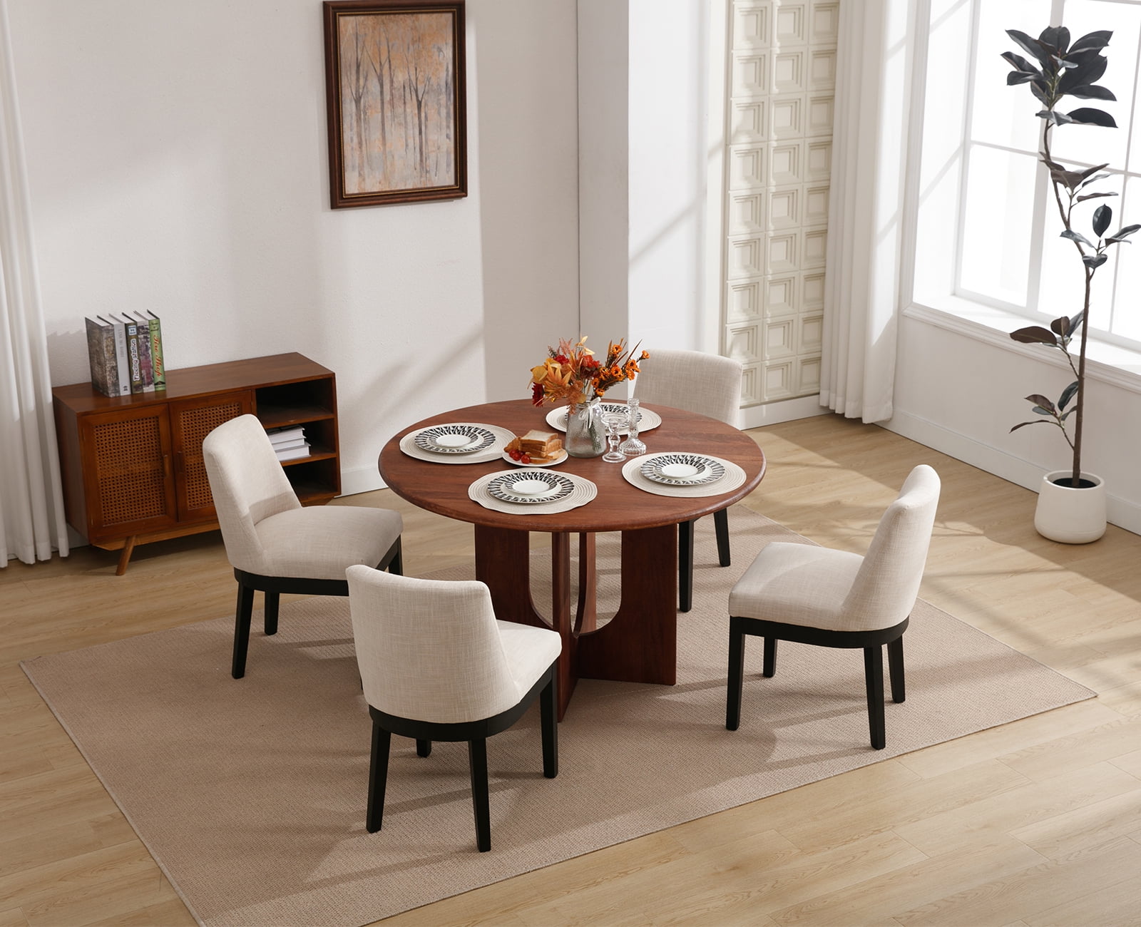 Dayalane Modern Dining Chairs Set of 2, Linen Upholstered Farmhouse Kitchen Chairs with Curved Backrest, Wooden Side Chairs for Dining Room Living Room Bedroom, Beige