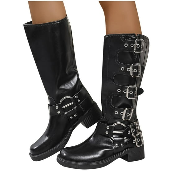 Xfvqtps Knee High Boots for Women Adjustable Buckle Strap Slip on Low Chunky Heel Square Toe Comfortable Winter Boots Fashion Casual Black