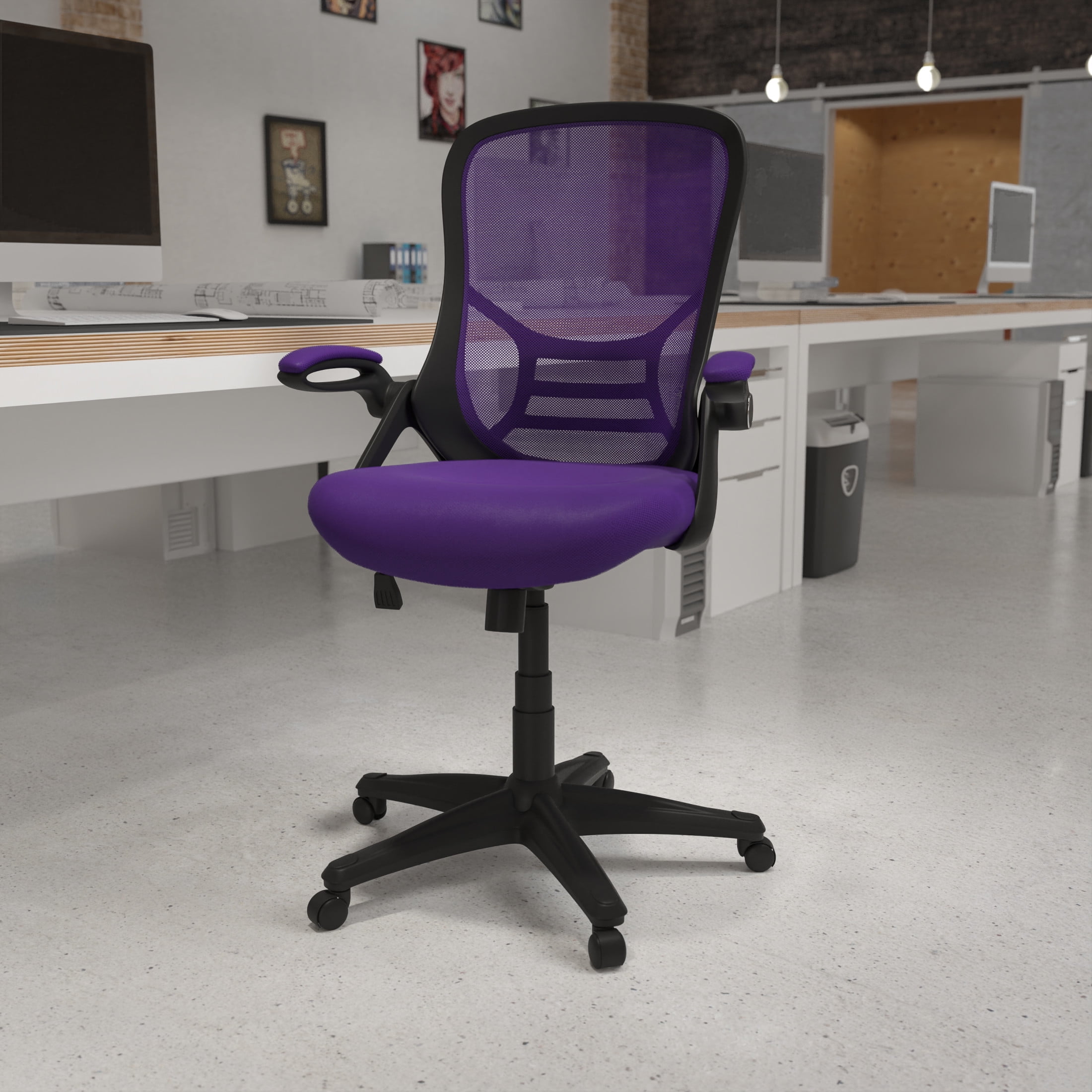 Flash Furniture Porter Ergonomic Mesh High-Back Swivel Office Chair with Flip-Up Armrests, Purple