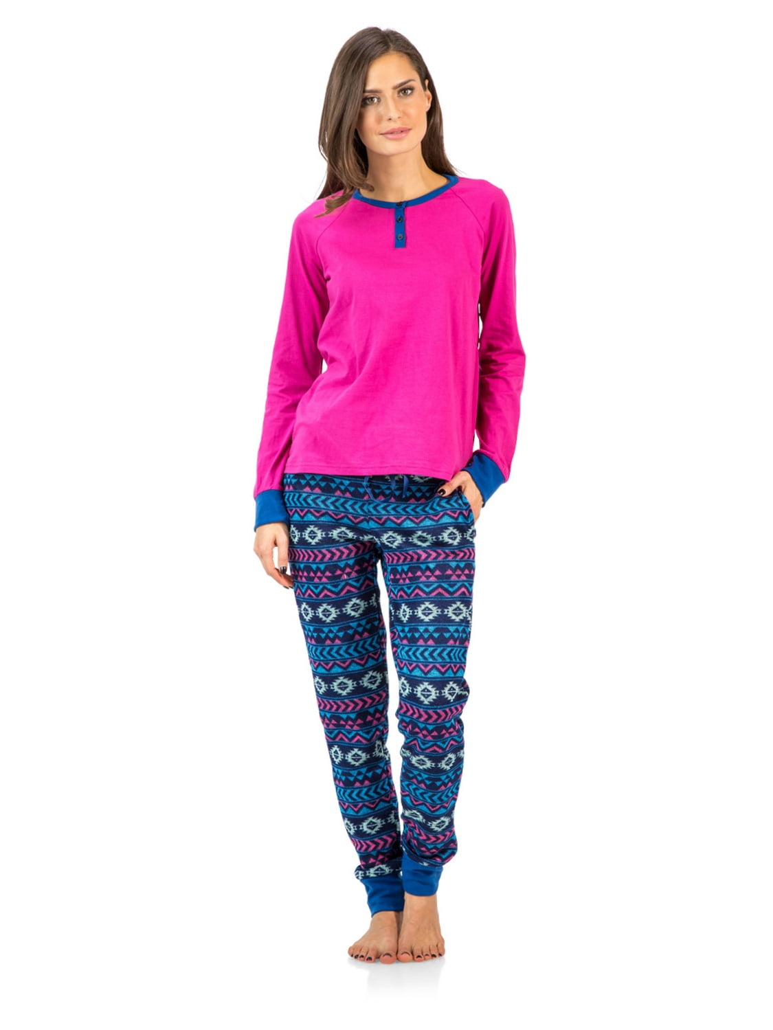 Ashford & Brooks Women's Cotton Henley with Sweater Fleece Pants Pajama