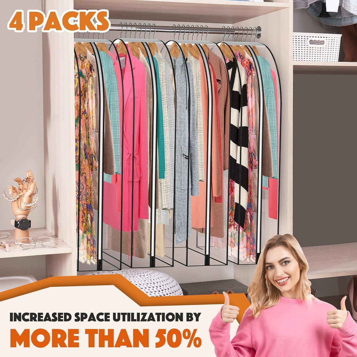 GoXteam 4 Packs 40" Clear Garment Bags for Hanging Clothes, 10" Gusseted Garment Bags for Closet Storage,Clean and tidy Plastic Garment Bags Covers for Coats, Dresses, Jackets