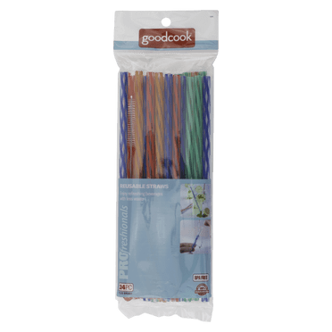 PROfreshionals 24-Piece 9" Reusable Plastic Straws Set with Cleaning Brush, Multicolor