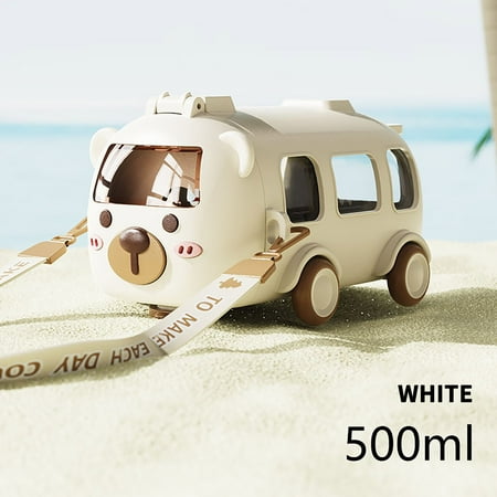 

100Fens Bus Straw Water Bottle With Strap Creative Bus Shaped Portable Cute Bear Car Water Bottles with Movable Wheels Leakproof Drinking Jug for Camping Trips Child School Sports